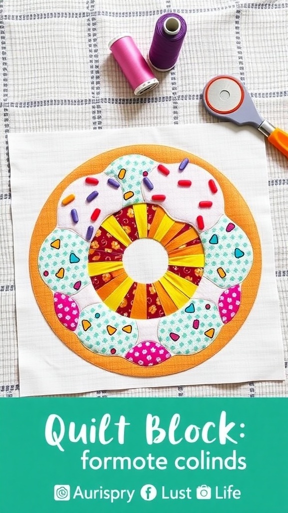 A completed donut quilt block with colorful fabrics resembling a donut, set against a light background.